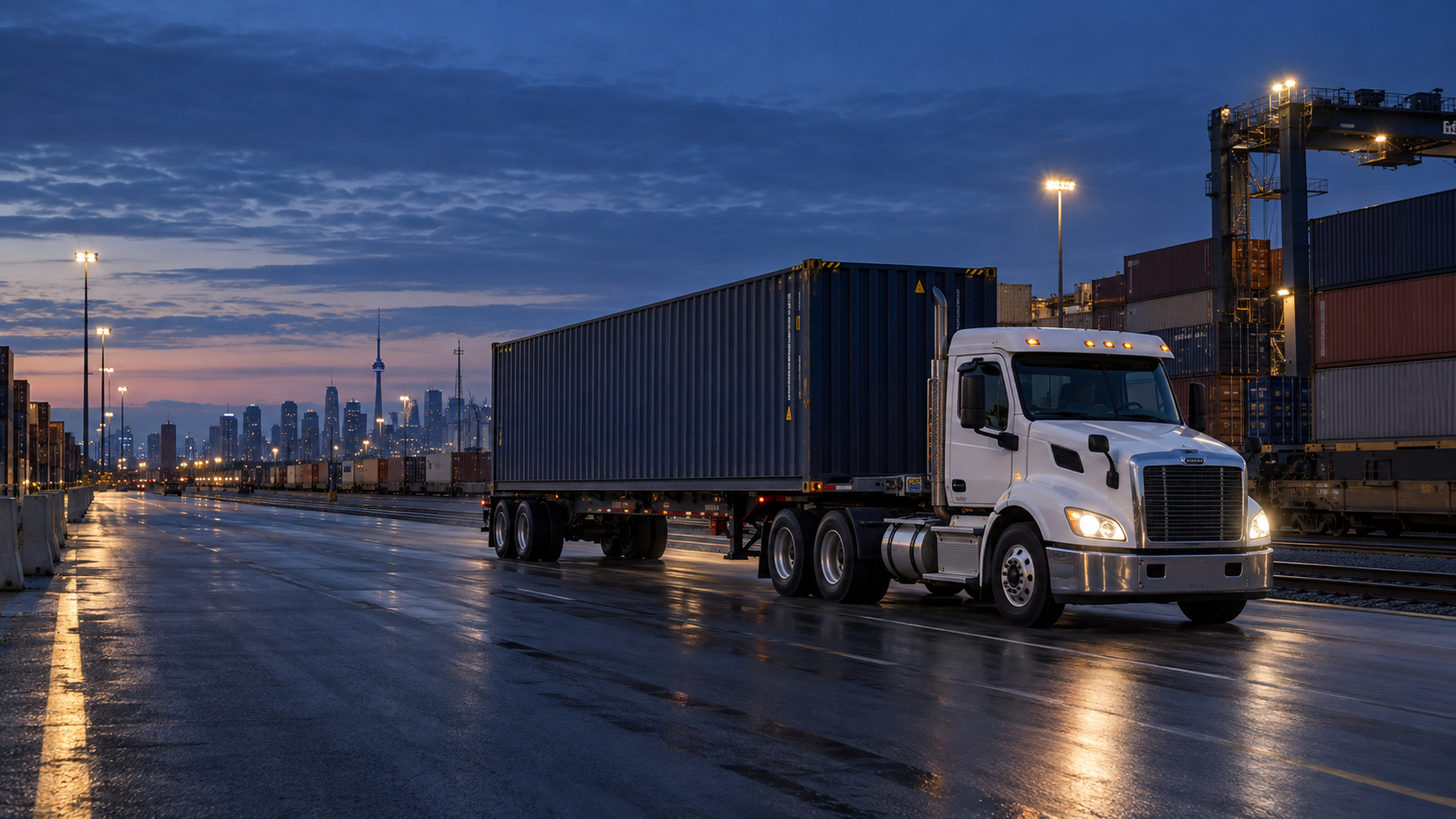 Unbranded tractor moving a 40-foot container through a Toronto intermodal rail yard